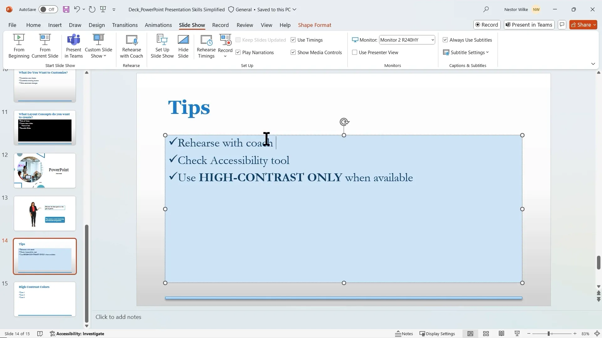 PowerPoint Rehearse with Coach feedback report