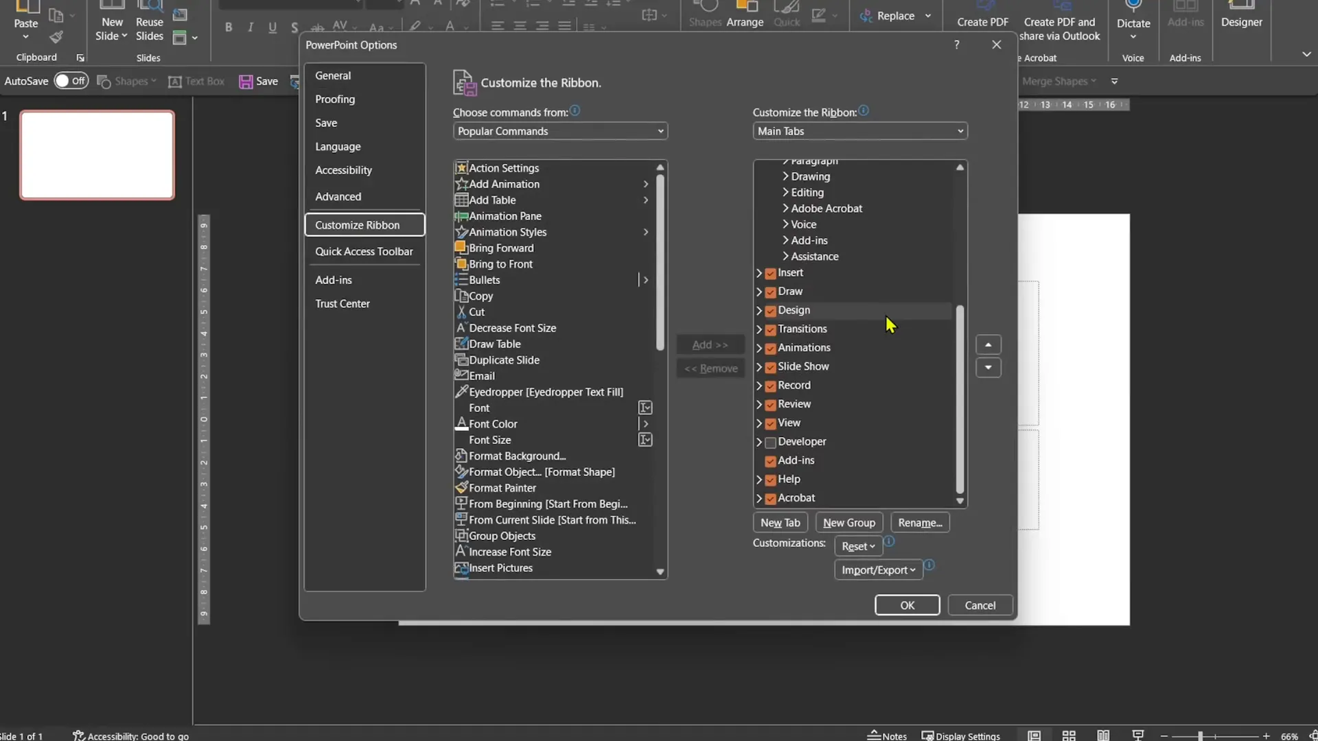 Enabling Developer tab in PowerPoint options