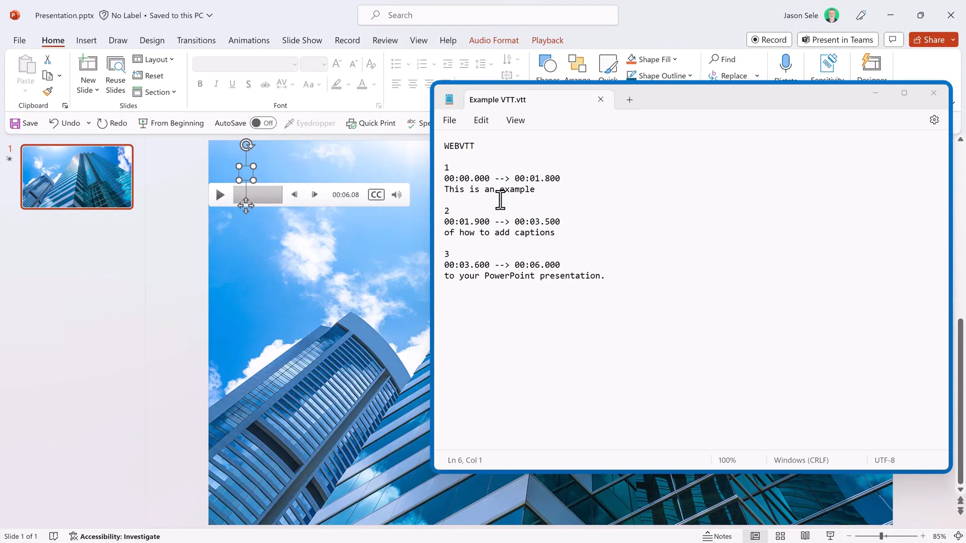 Example of a WebVTT file open in a text editor