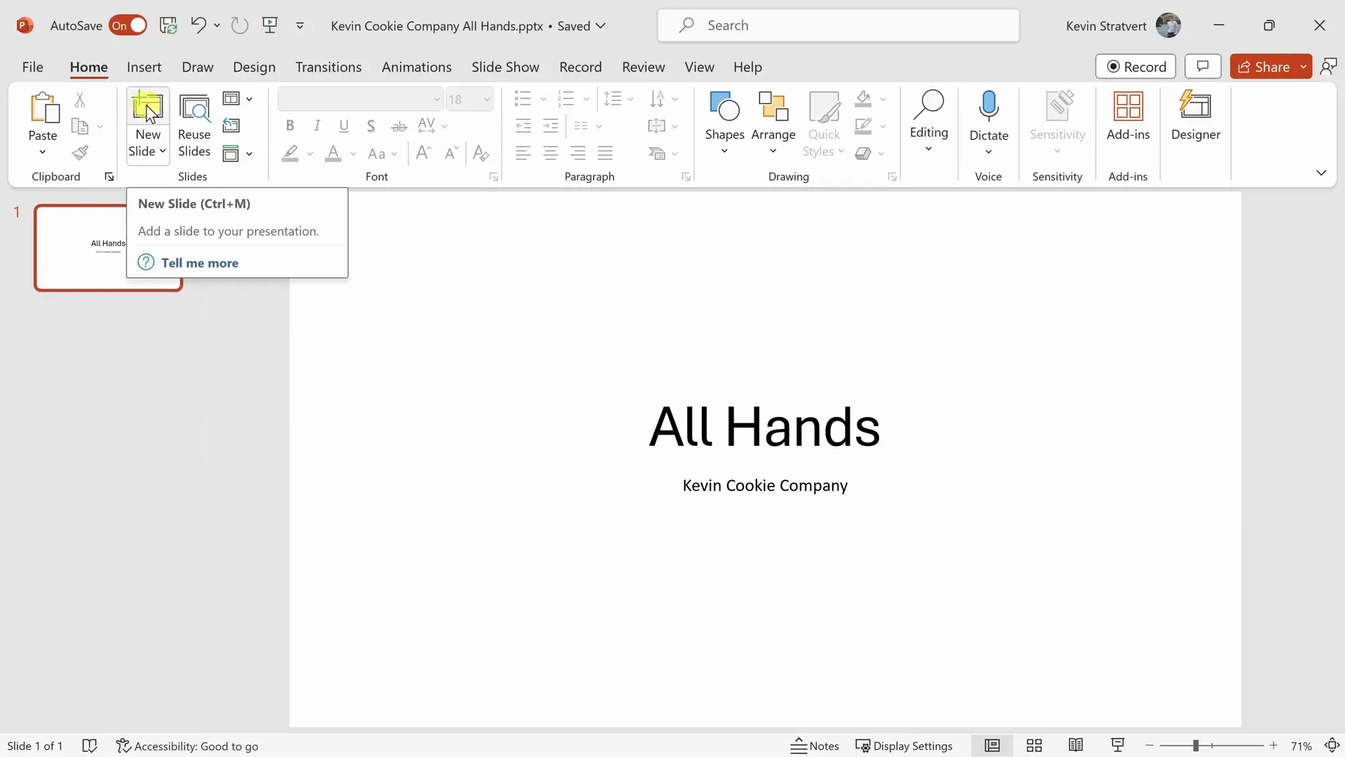 Adding new slide in PowerPoint with home tab New Slide button