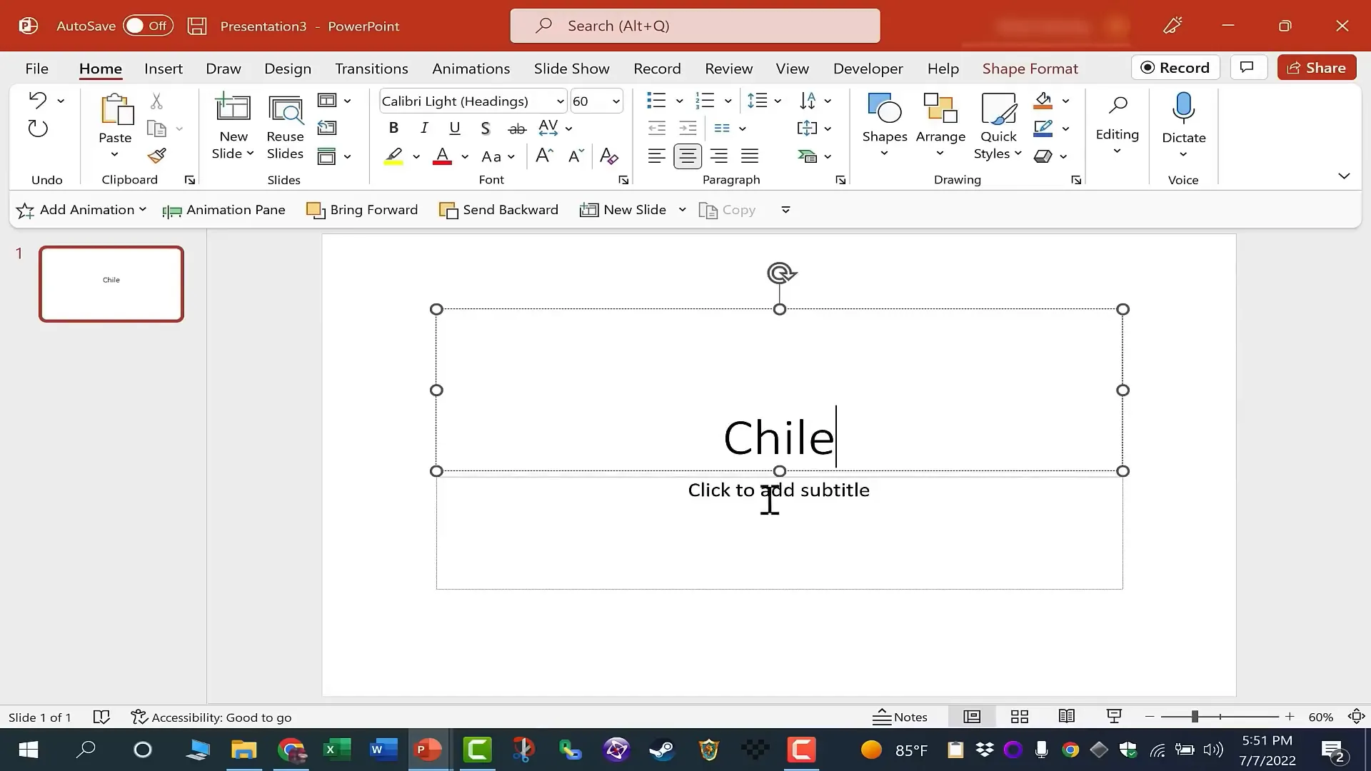 Adding title and subtitle to PowerPoint slide