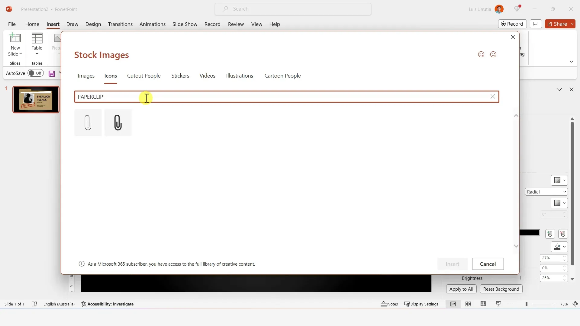 Inserting and positioning a paper clip icon on the folder