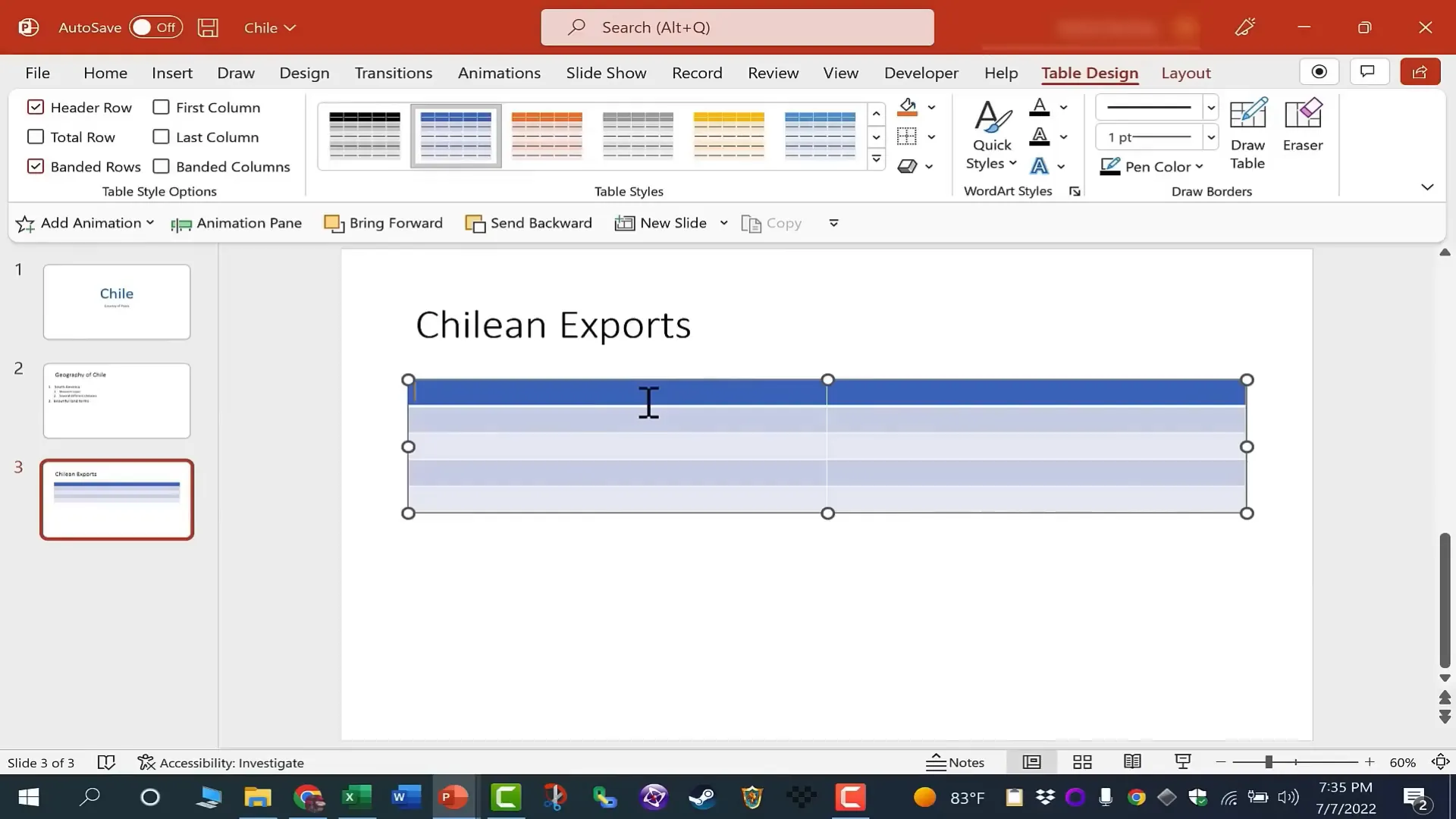 Typing data into a PowerPoint table