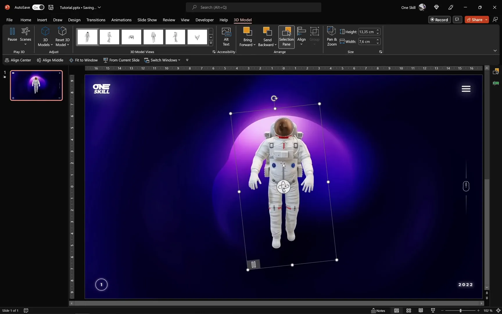 Animated 3D astronaut model floating in PowerPoint