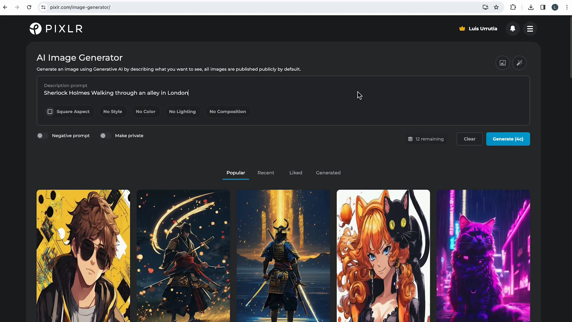 Pixlr AI image generator interface showing prompt input and generated images