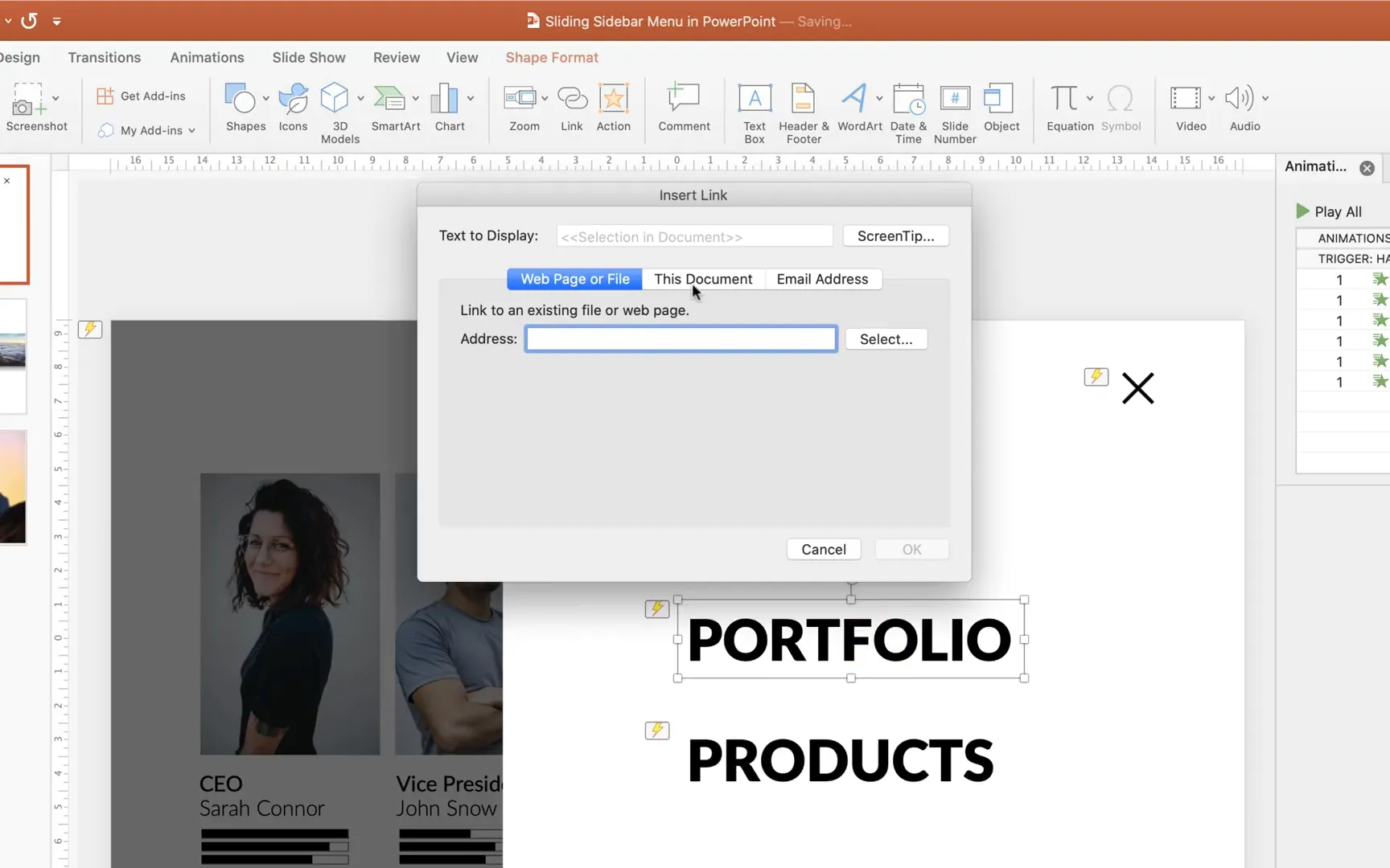 Setting hyperlink actions to text boxes for slide navigation