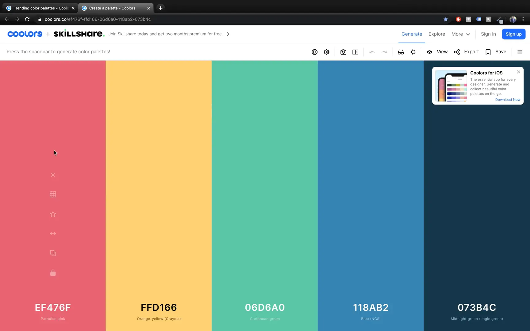 Color palette on colors.co website