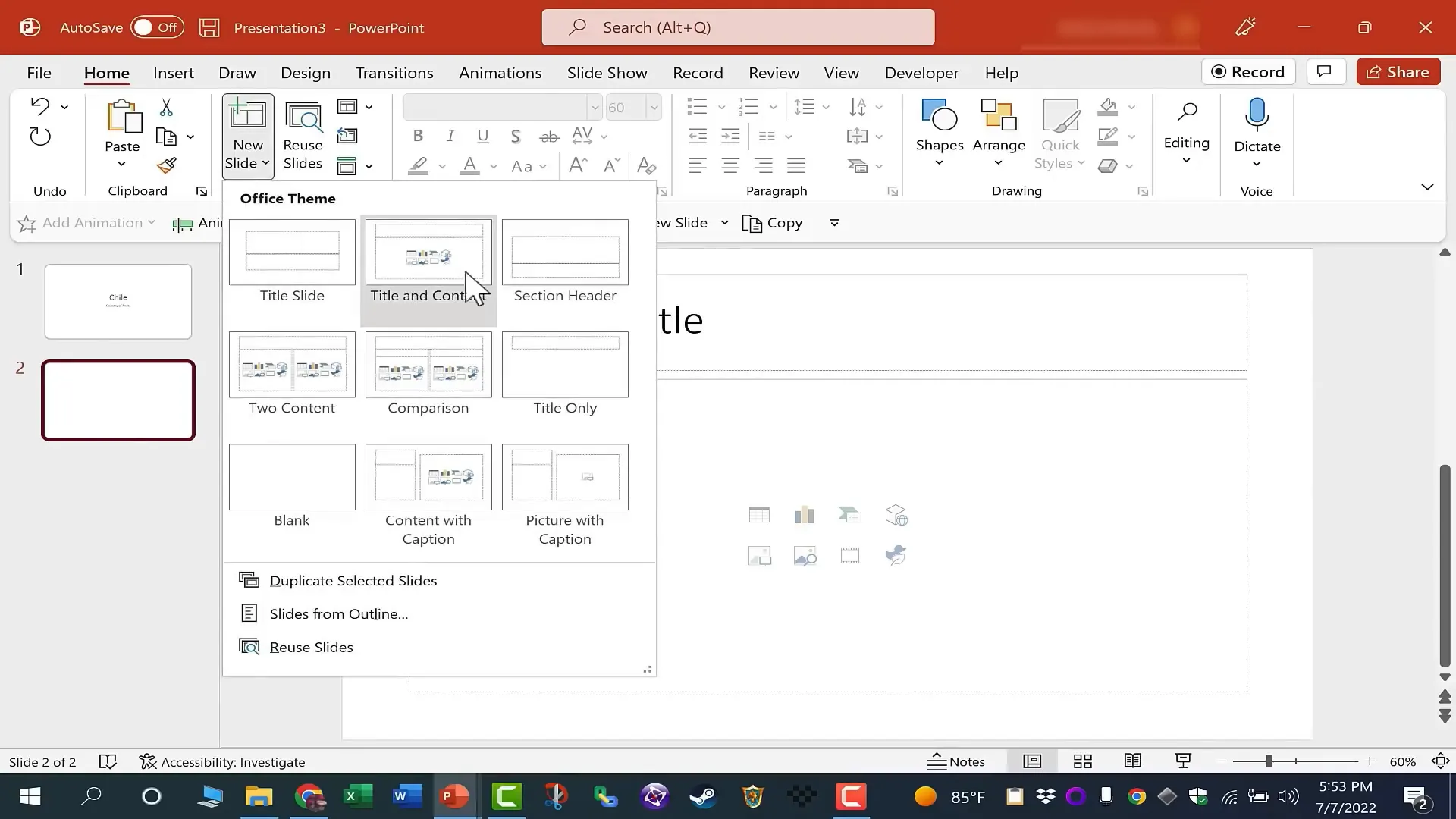 Adding a new slide with title and content layout