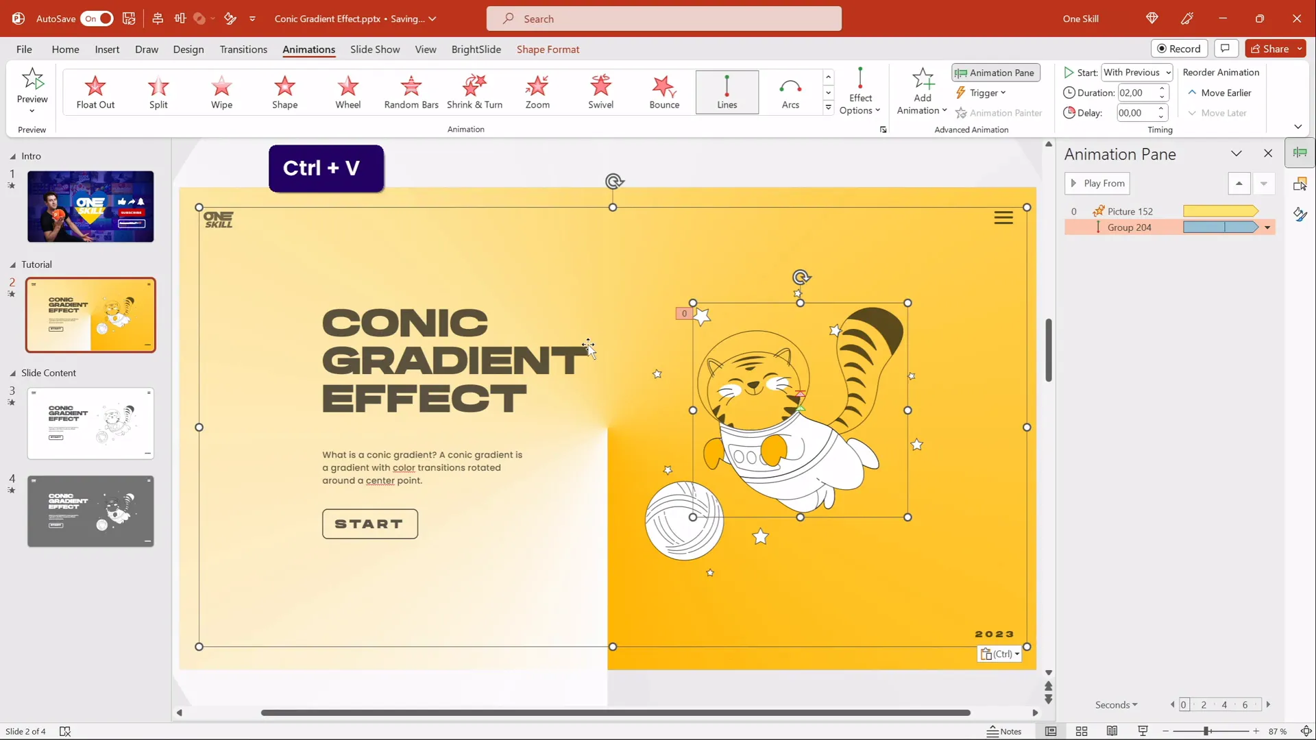 PowerPoint slide with spinning conic gradient, text boxes, and animated flying cat illustration