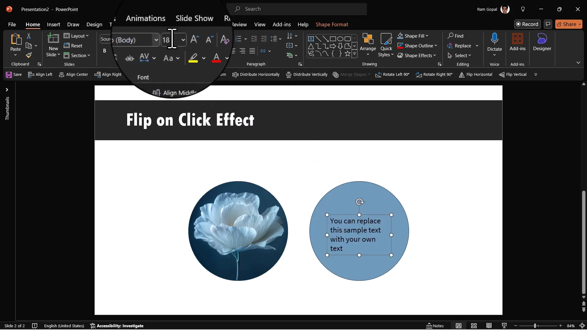 Adding and formatting explanation text in a text box over the colored oval