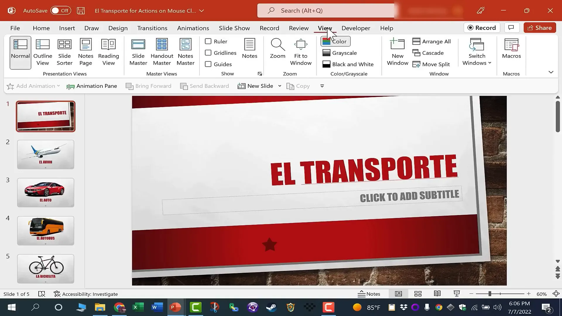 PowerPoint view options ribbon