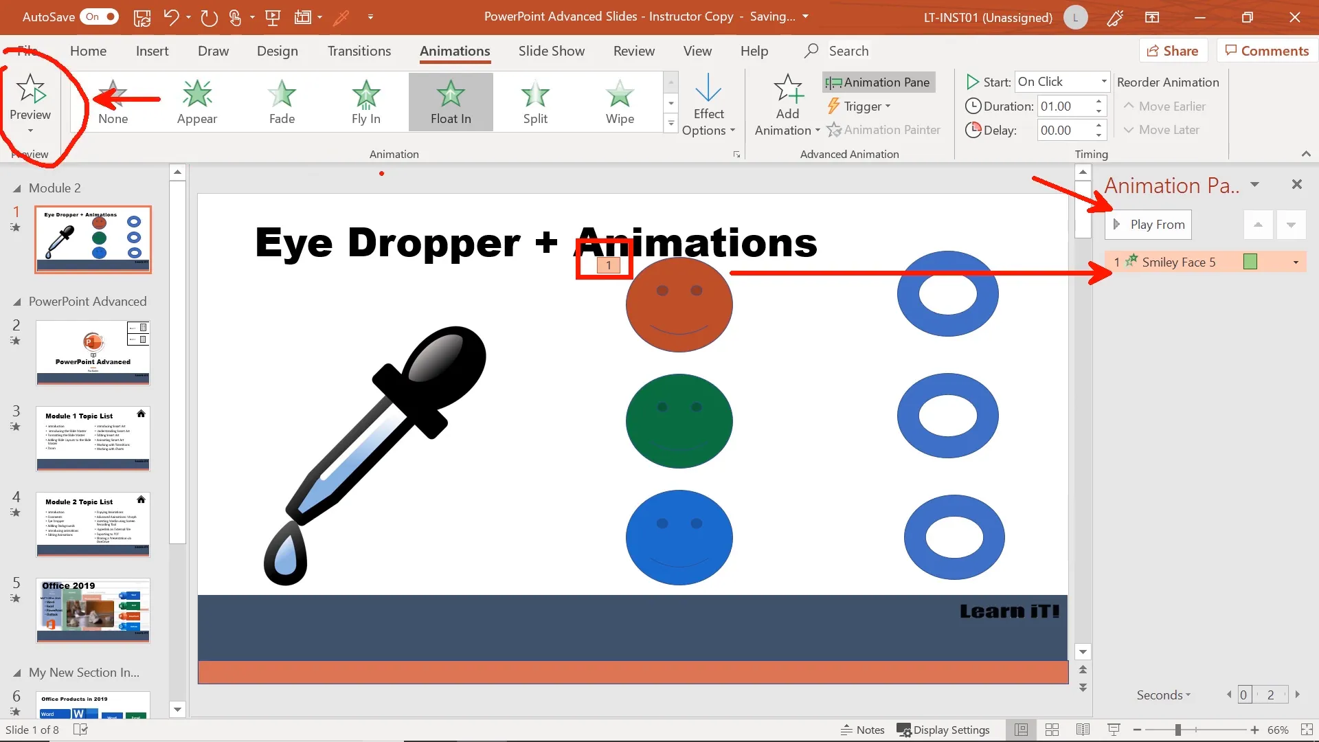 Animation Pane showing multiple animations and duration bars