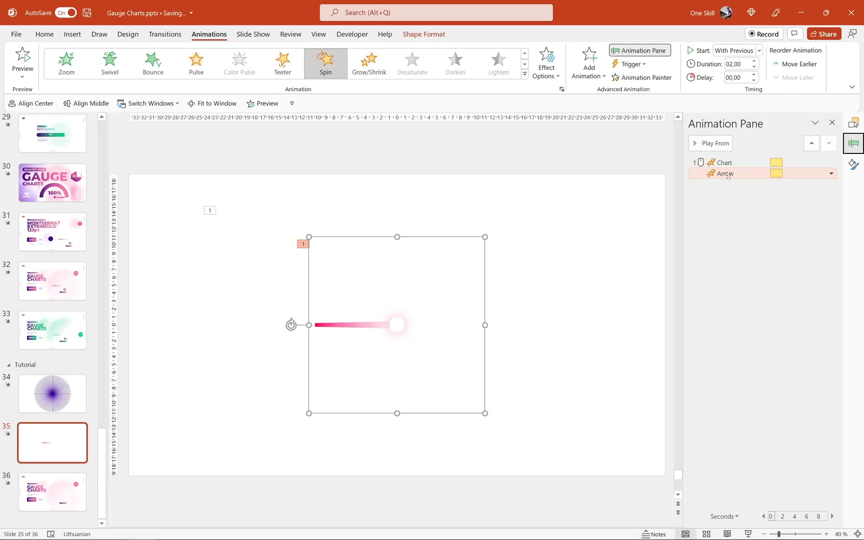 Spin animation applied to arrow with adjusted rotation angle