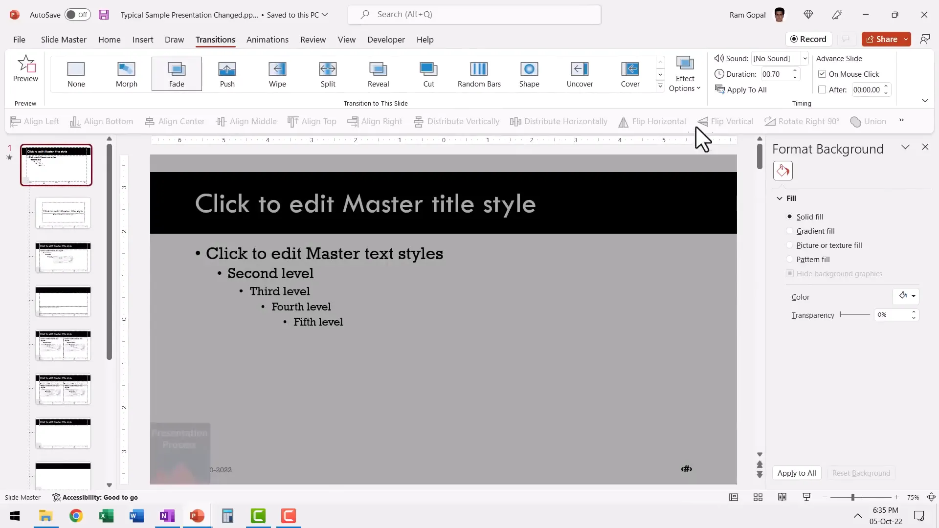 Applying fade transition to all slides in Slide Master
