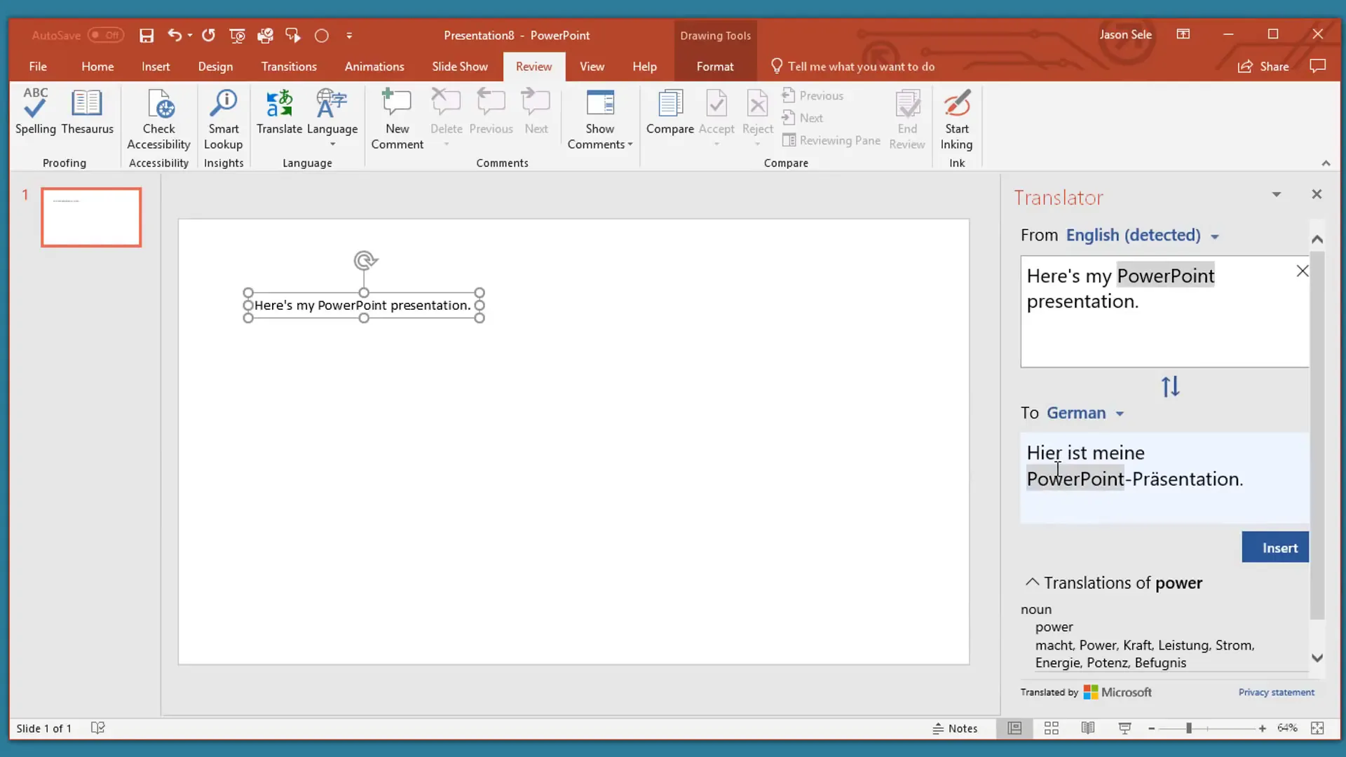 Using PowerPoint Translator to translate text from English to German