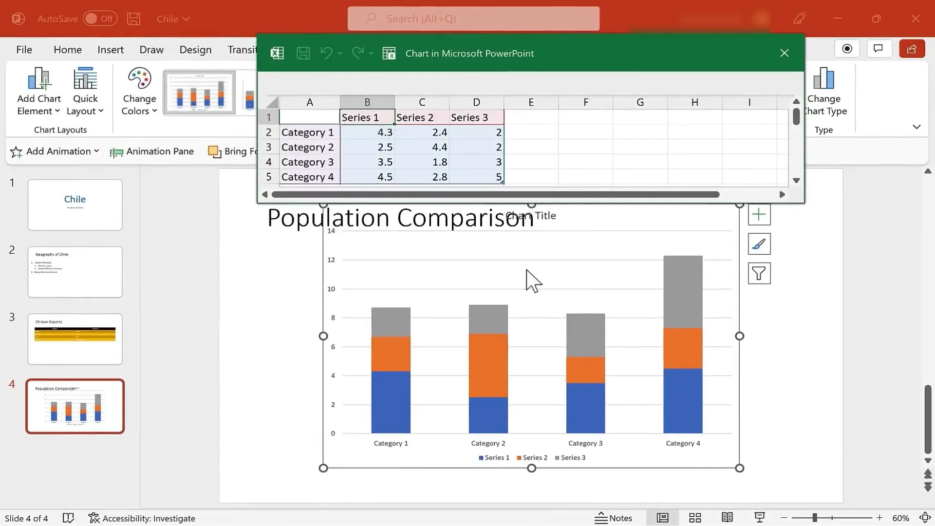 Inserting a chart and editing data in Excel window embedded in PowerPoint
