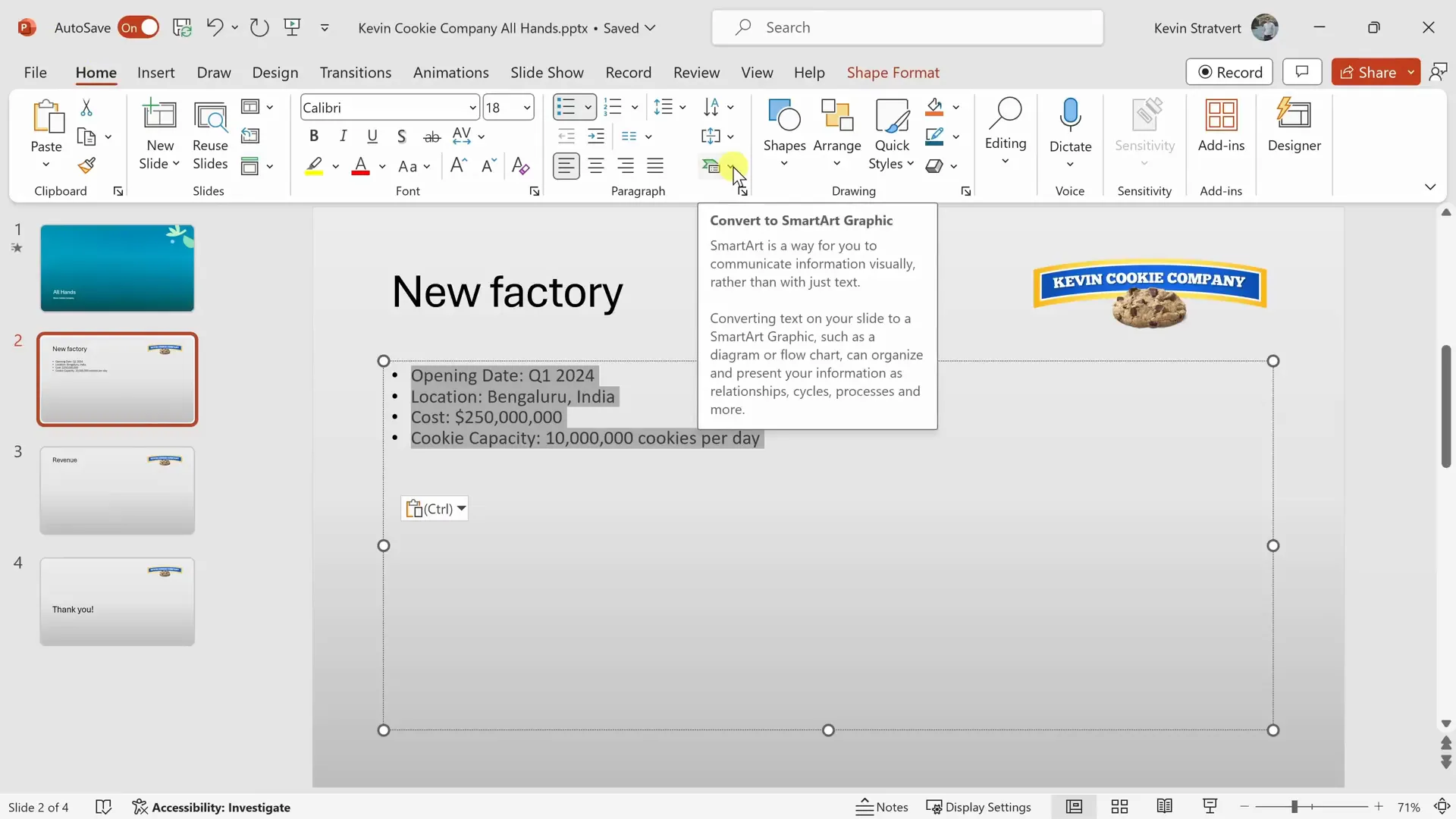 Converting bullet points into SmartArt graphic