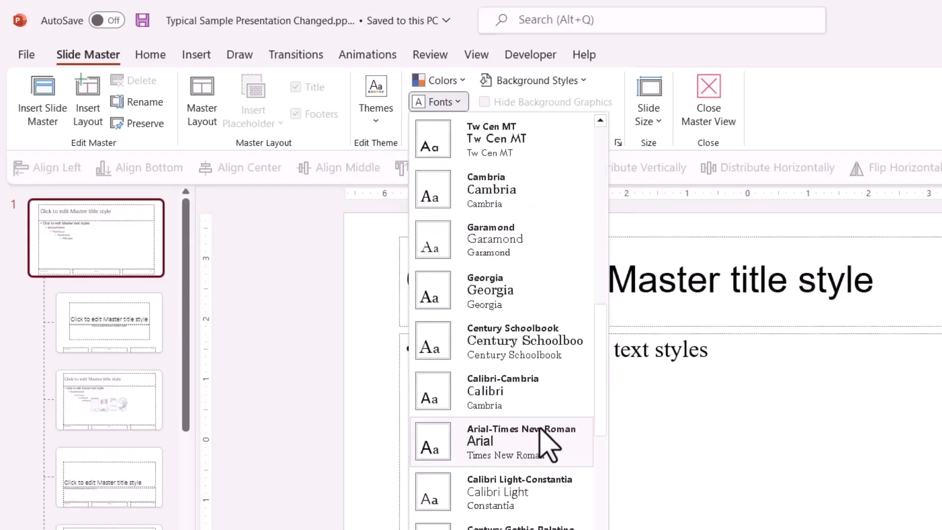 Selecting new font theme in Slide Master