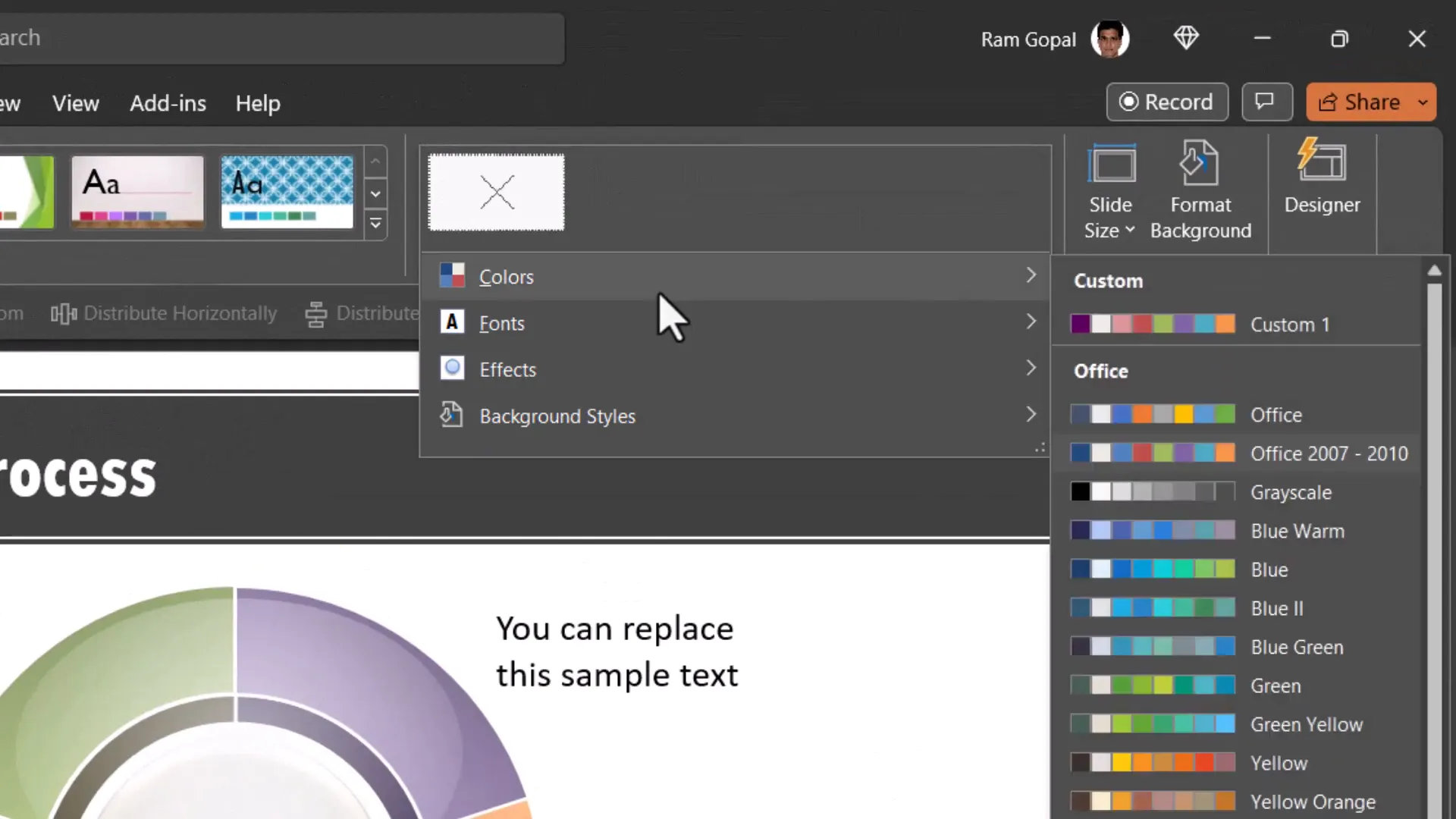 PowerPoint design tab showing Variants and Color options