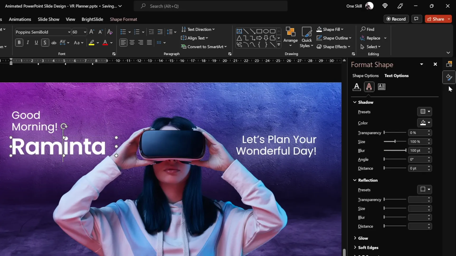Text boxes with glowing white shadow effect and Poppins font