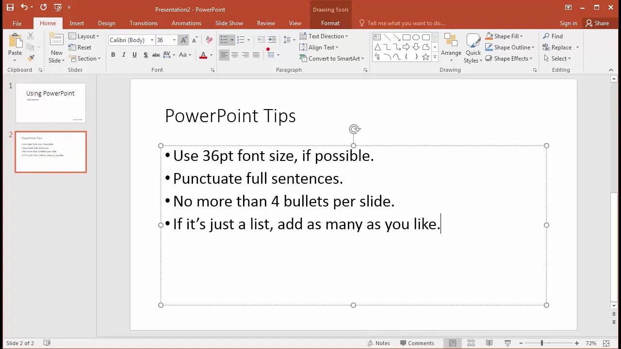 Adding bullet points on a slide