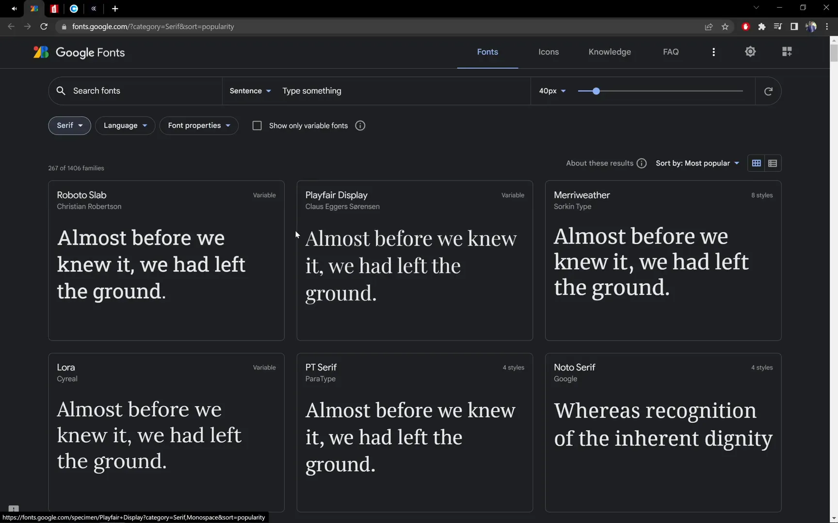 Browsing serif fonts on Google Fonts website
