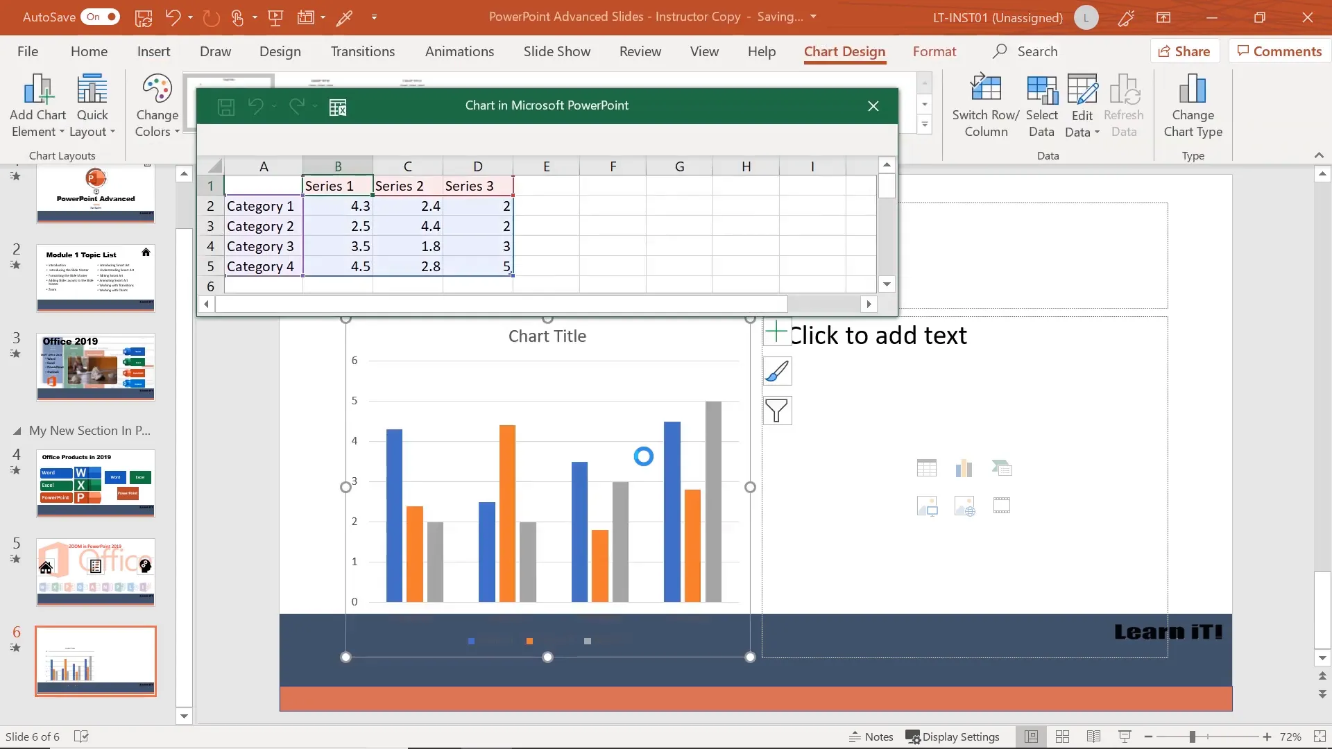 Inserting a clustered column chart and filling in data