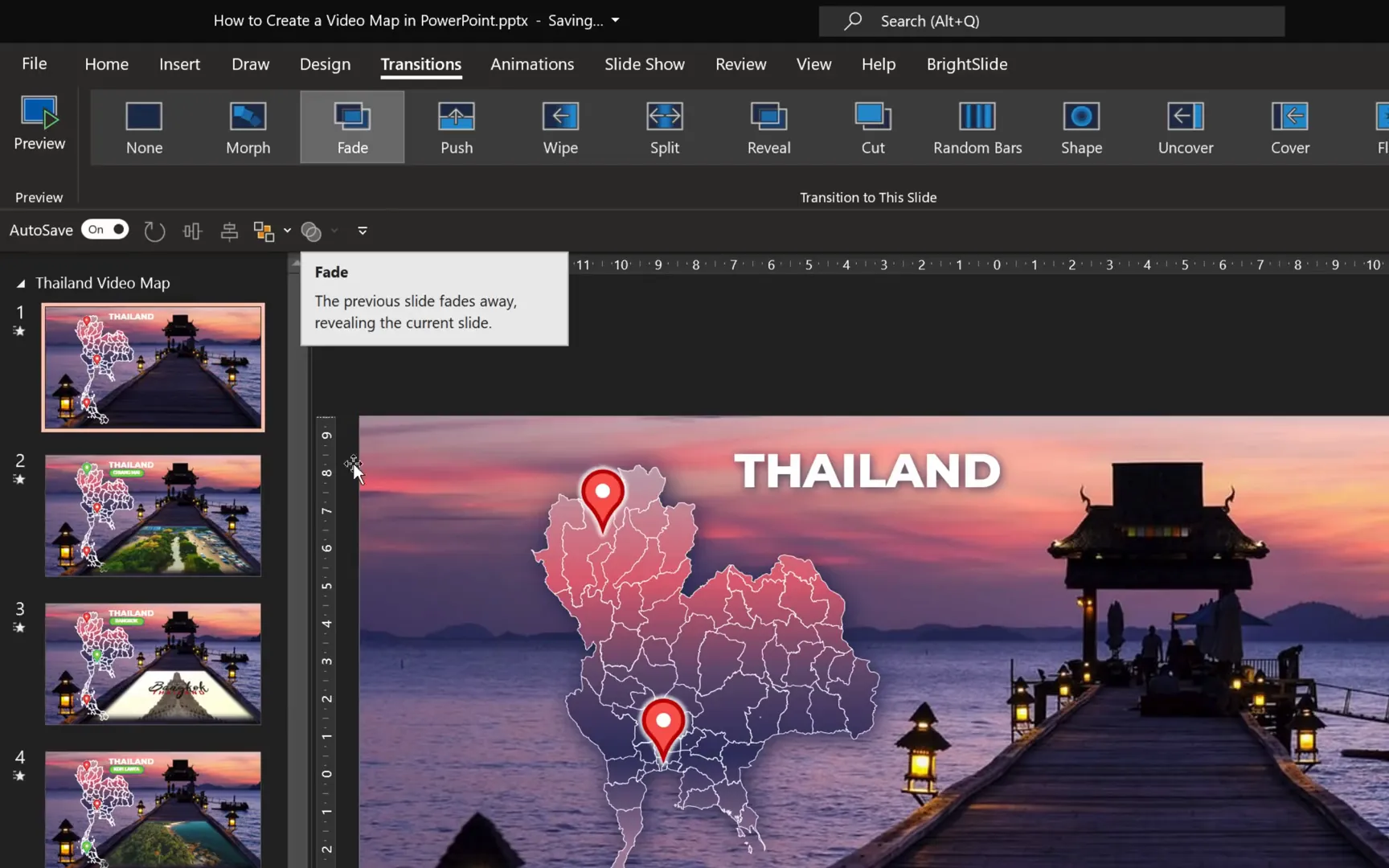 PowerPoint slide transitions set to fade or none for smooth or instant effects