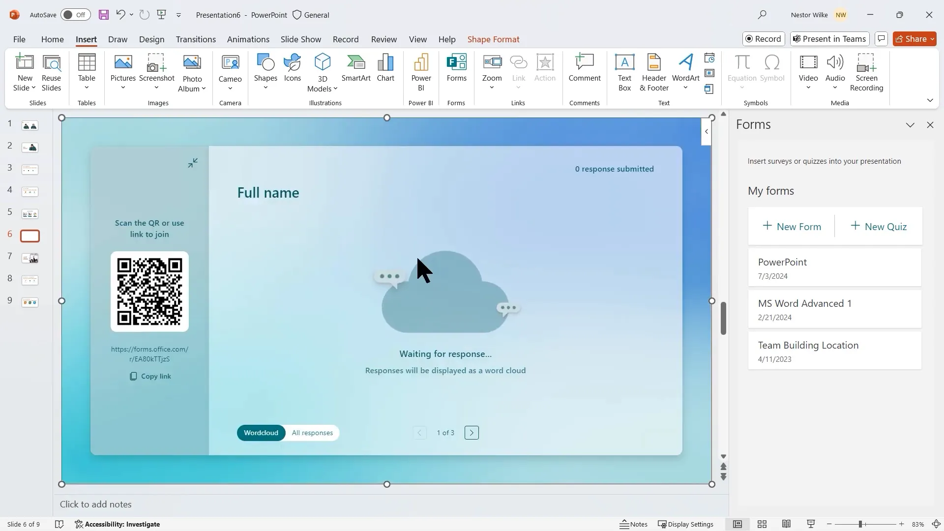 Microsoft Forms embedded in PowerPoint for live audience interaction