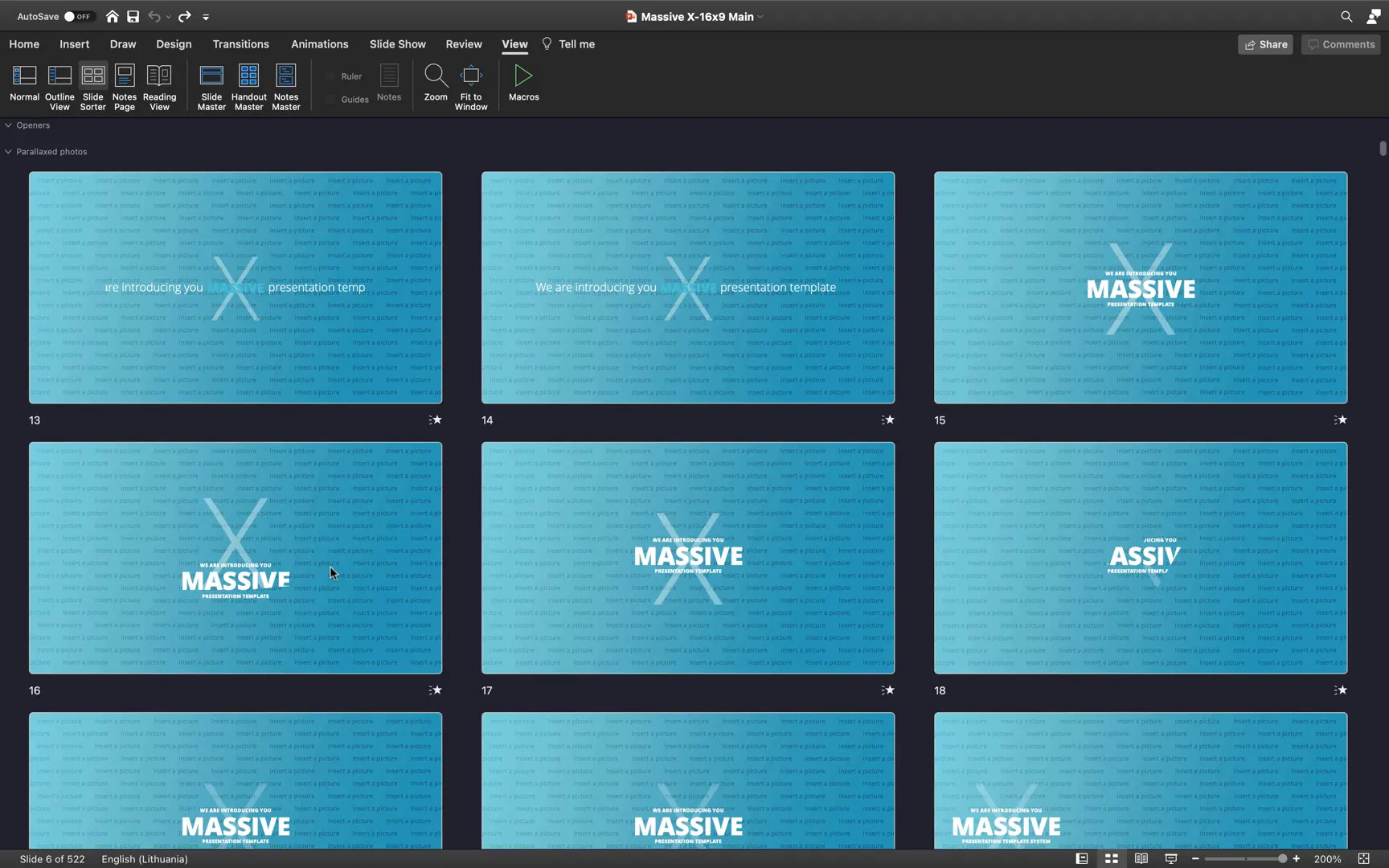 Slide Sorter view showing multiple slides of the Massive X template