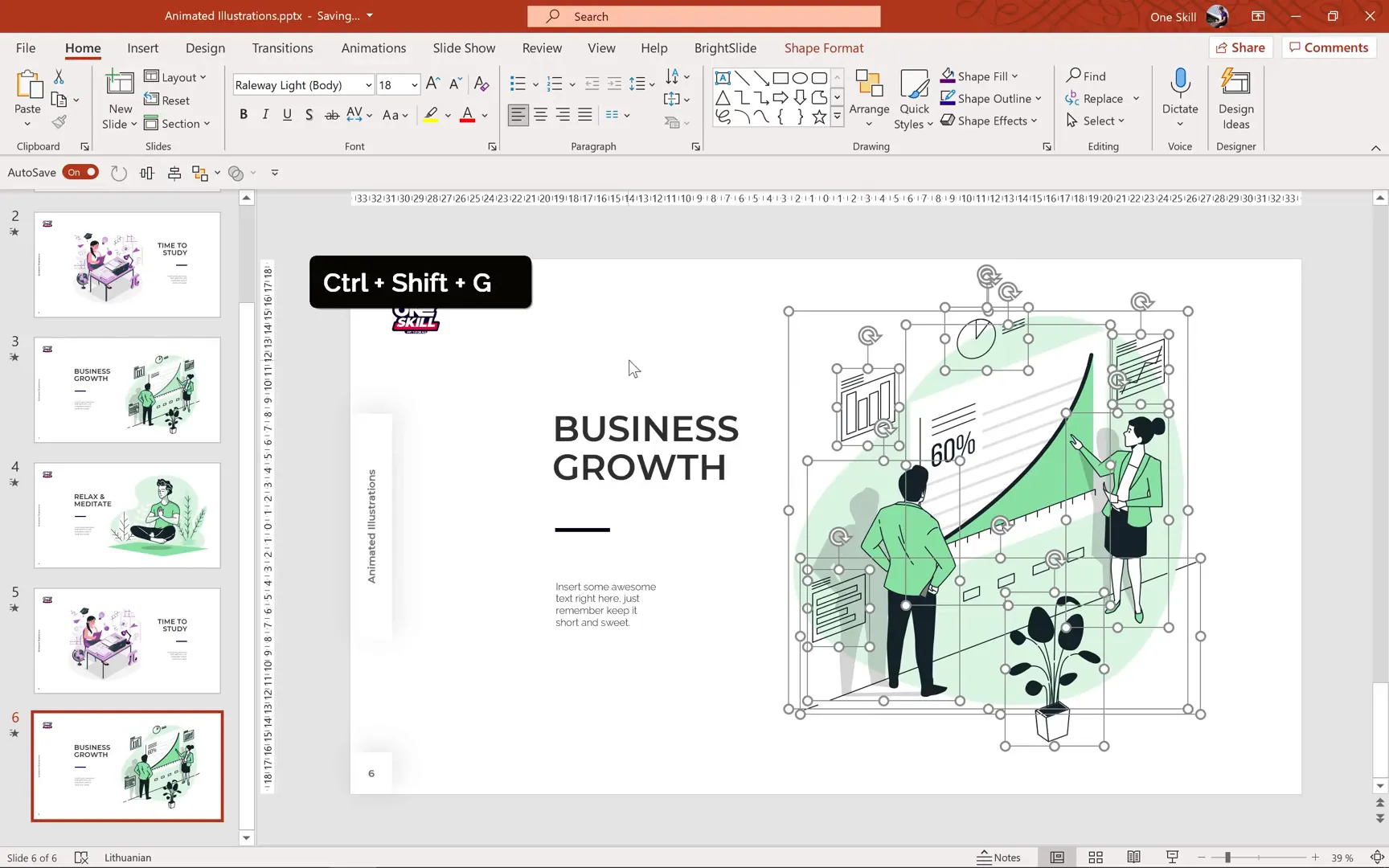 Business growth illustration ungrouped and grouped in PowerPoint