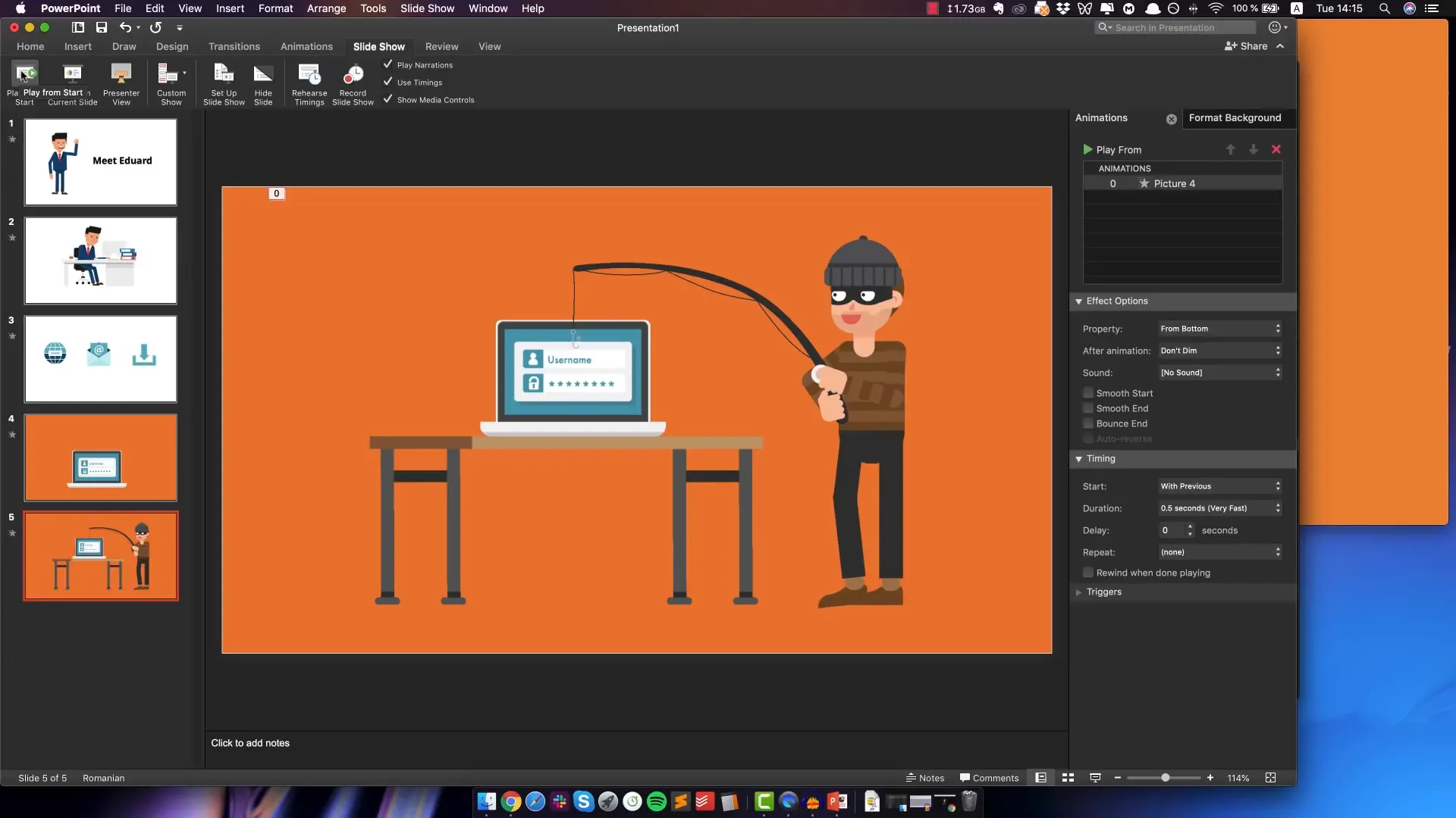 Playing slideshow to preview animation and timing