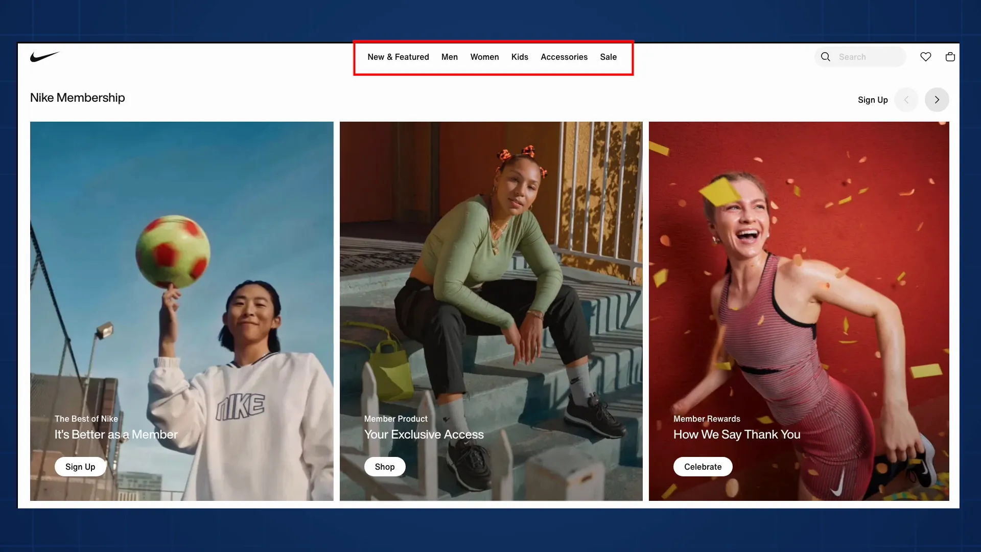 Nike website showing proximity in navigation links