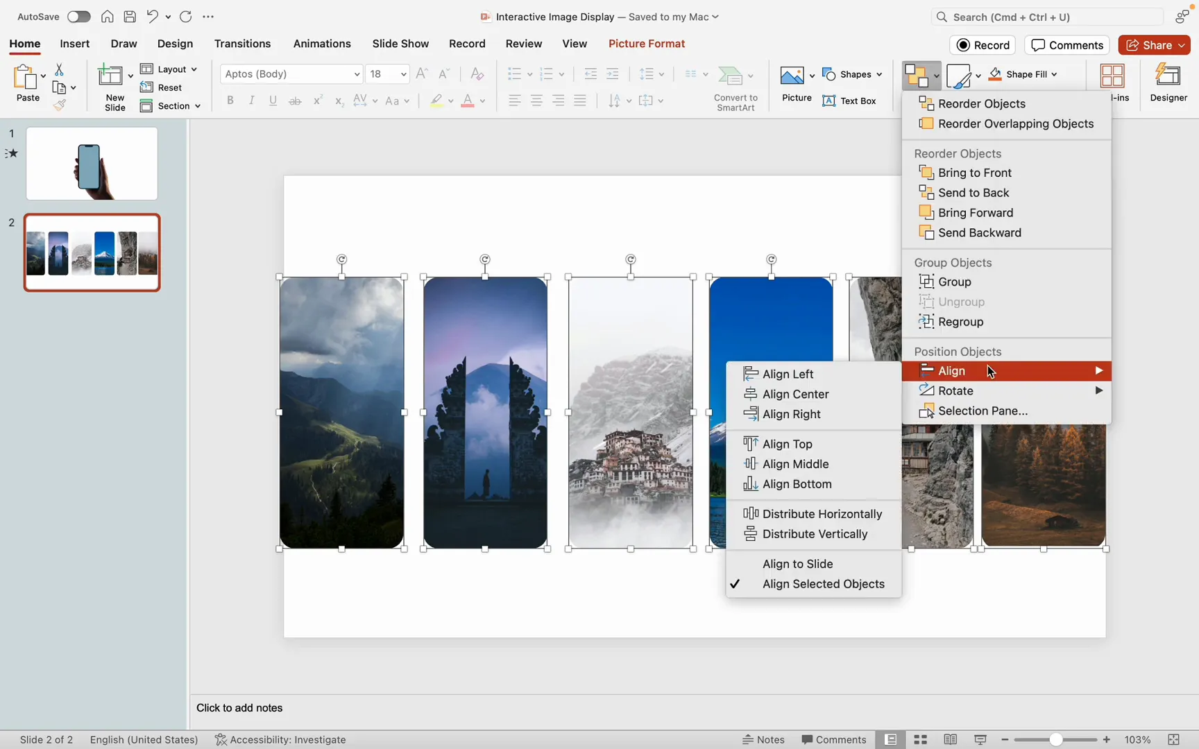 Images aligned and grouped for display