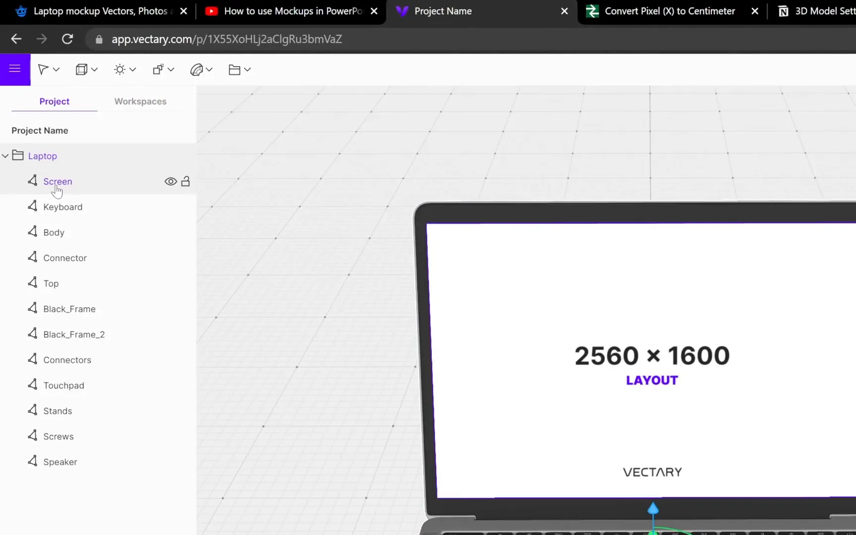 Laptop 3D model loaded in Vectoree workspace