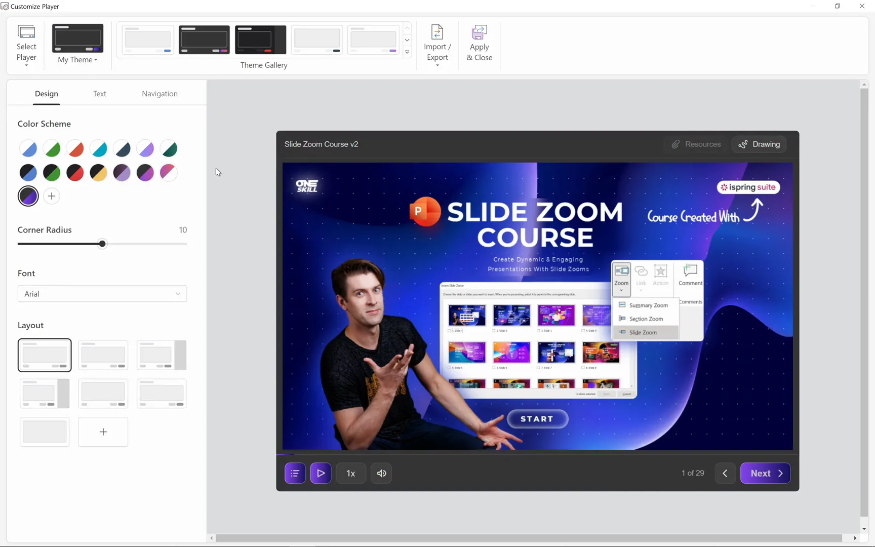 Course player customization options in iSpring Suite 11