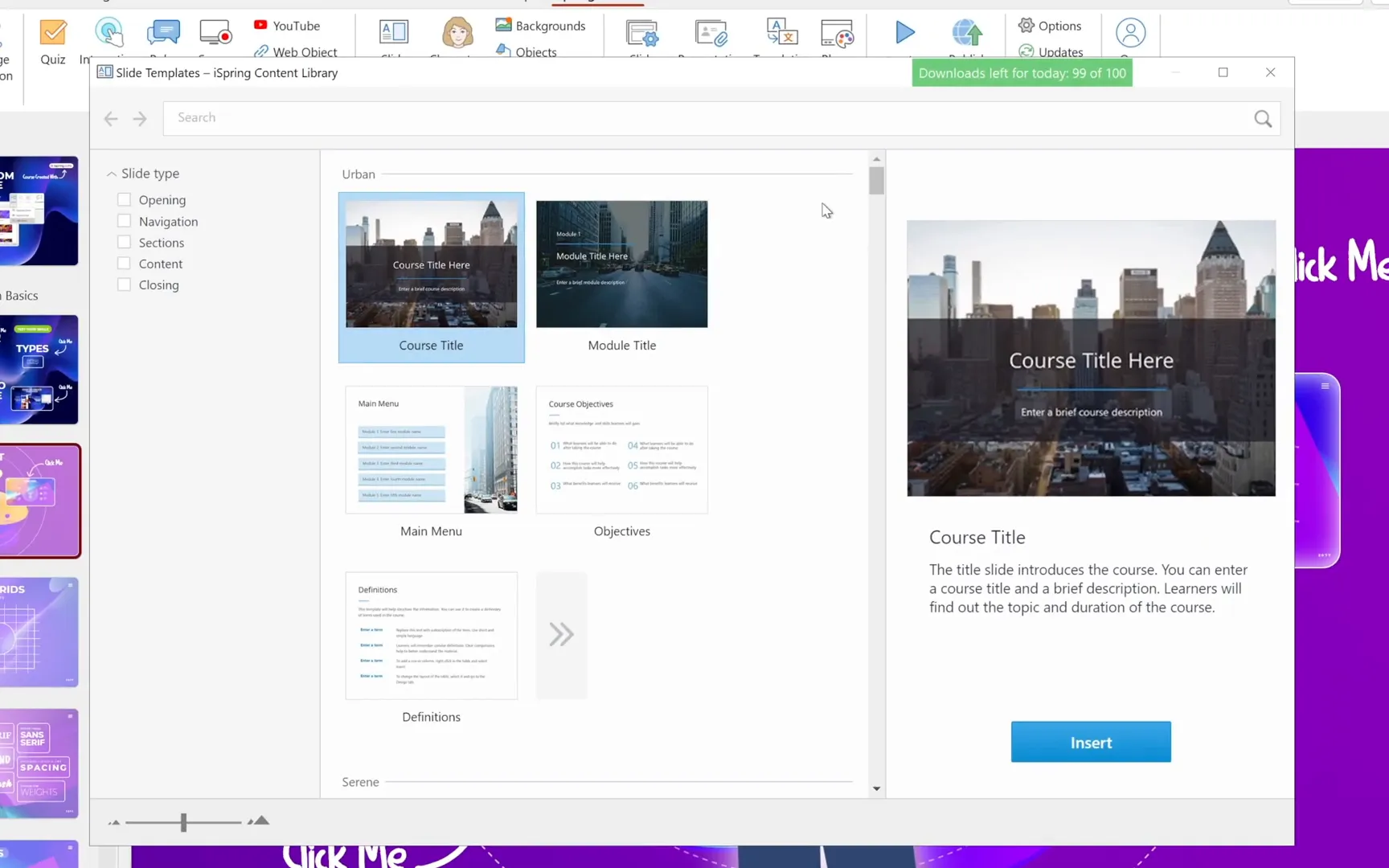 Exploring slide templates and characters from the iSpring content library