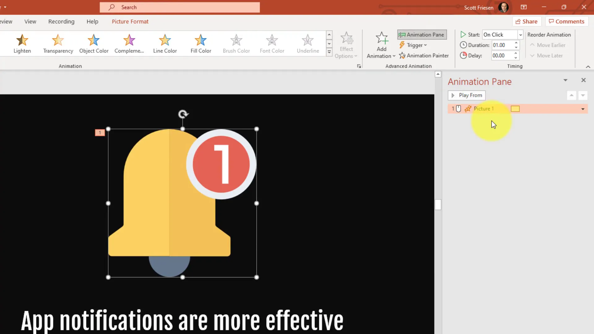 Animation pane in PowerPoint showing teeter animation with timing options