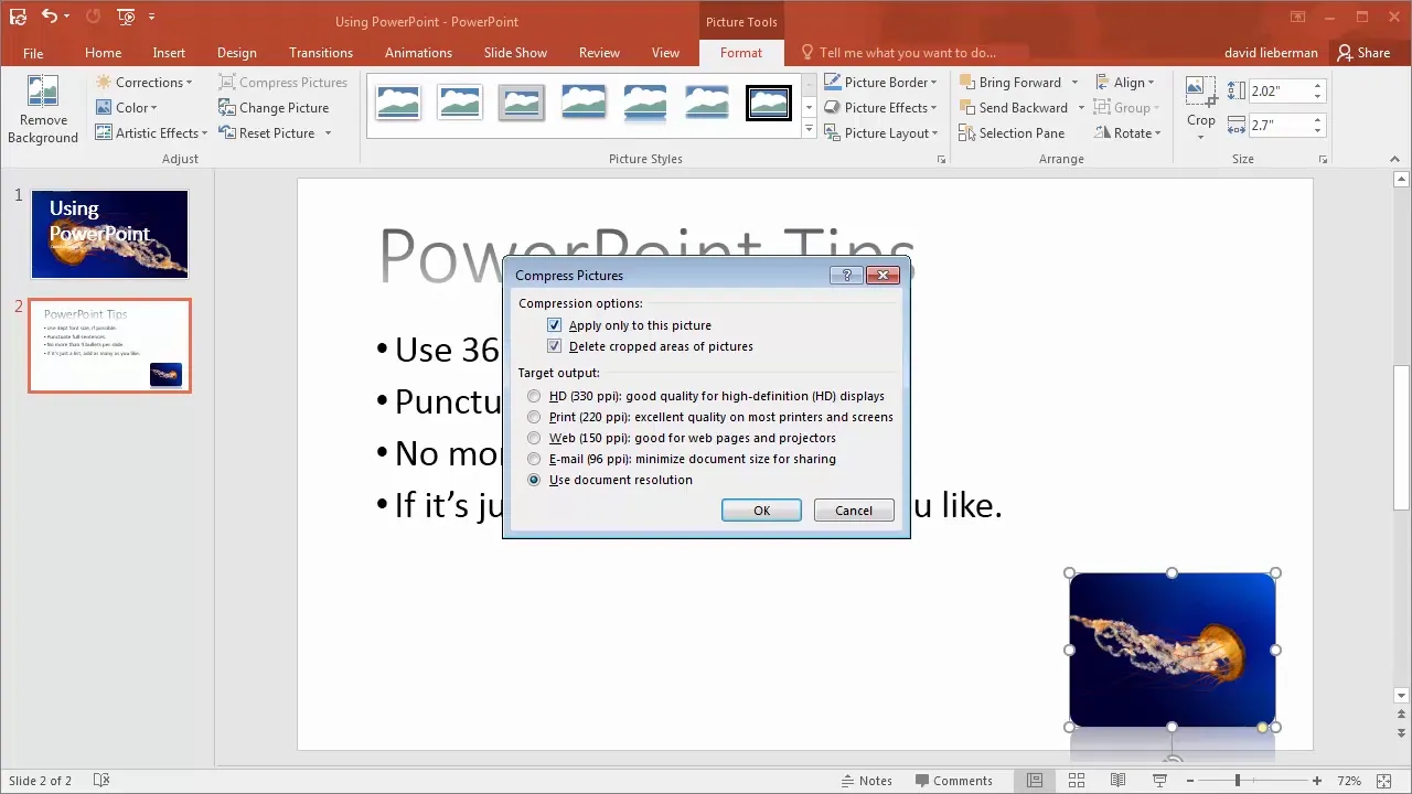 Compress pictures feature in PowerPoint