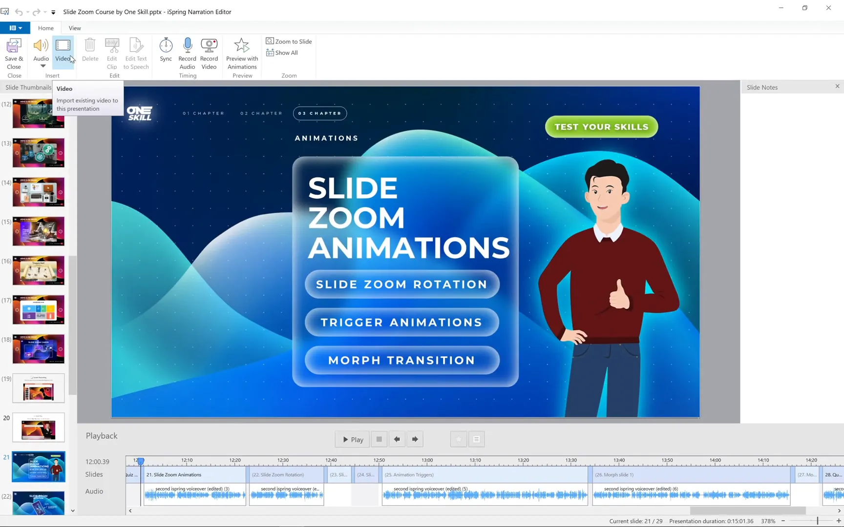 Manage narration tool in iSpring Suite 11 for voiceovers