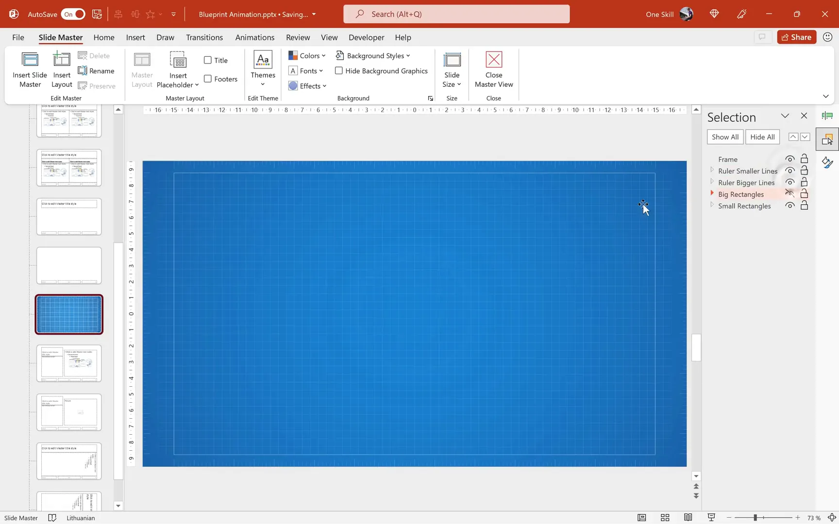 Blueprint background in slide master with rulers and frame