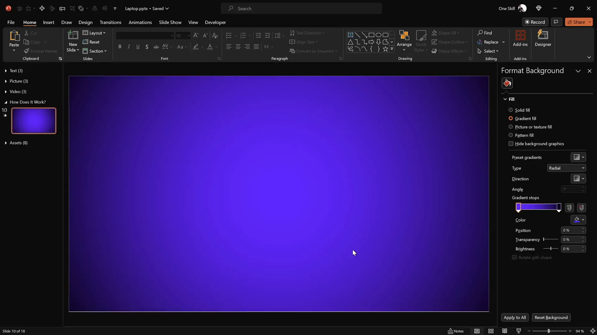 Applying gradient fill to slide background