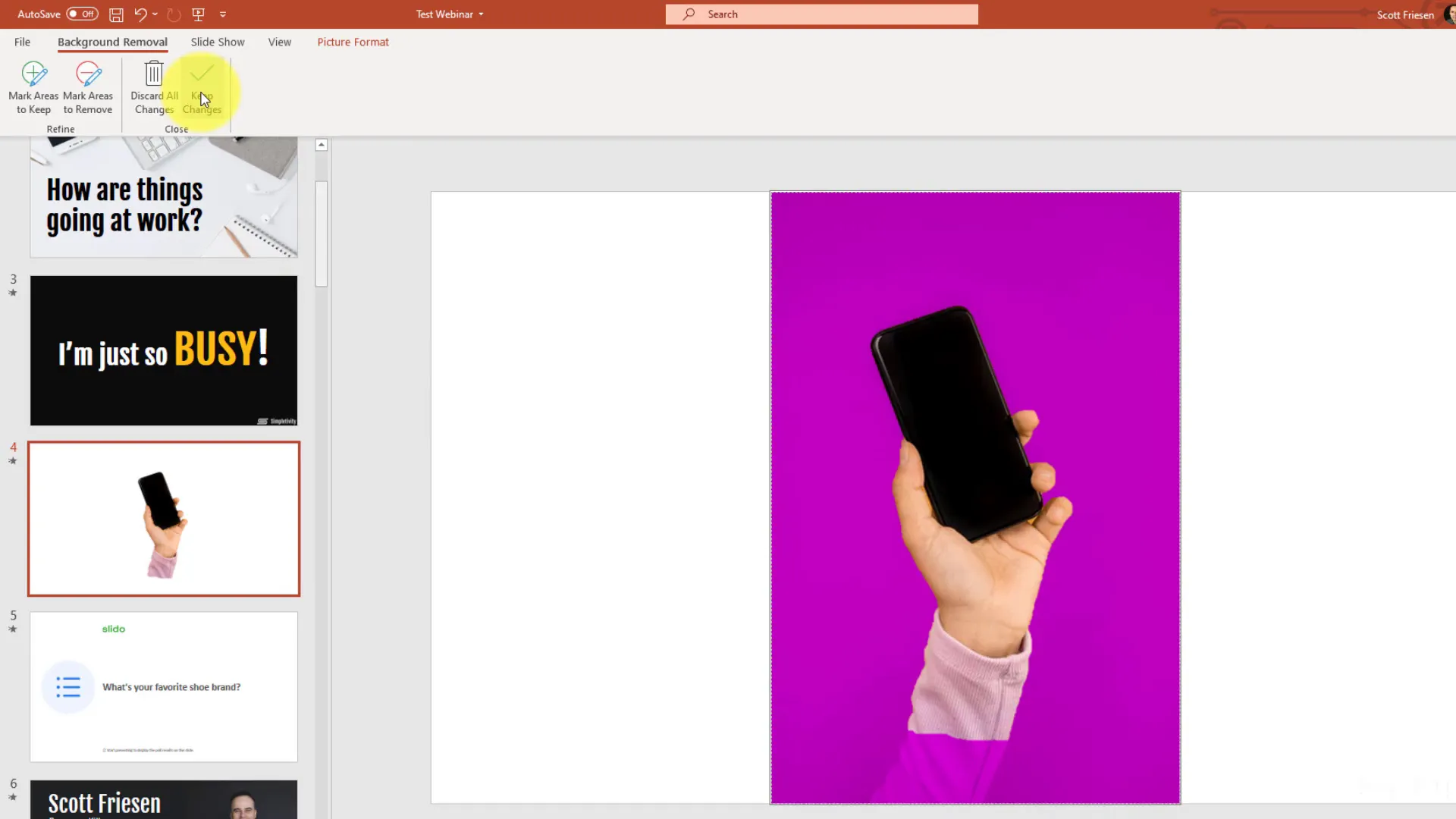 Remove background tool in PowerPoint showing purple shaded background