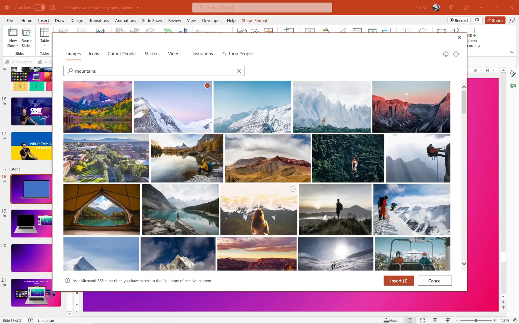 Inserting stock image of mountains into PowerPoint