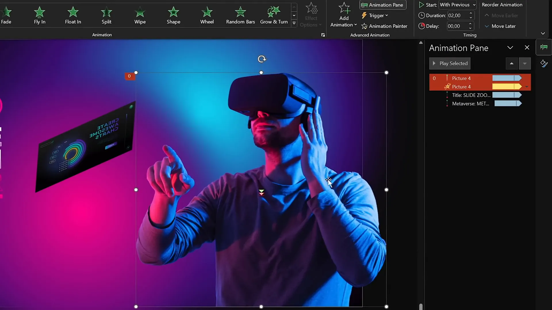 Animating VR character with motion path and spin animations