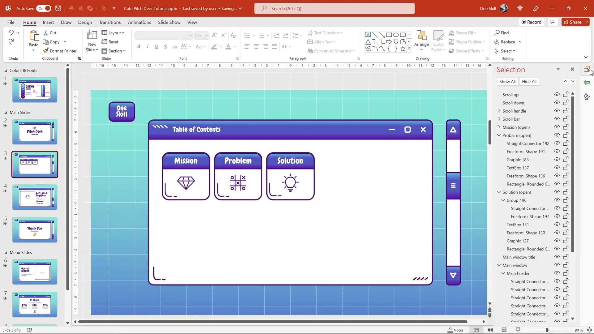 Copying and positioning menu slide on table of contents slide