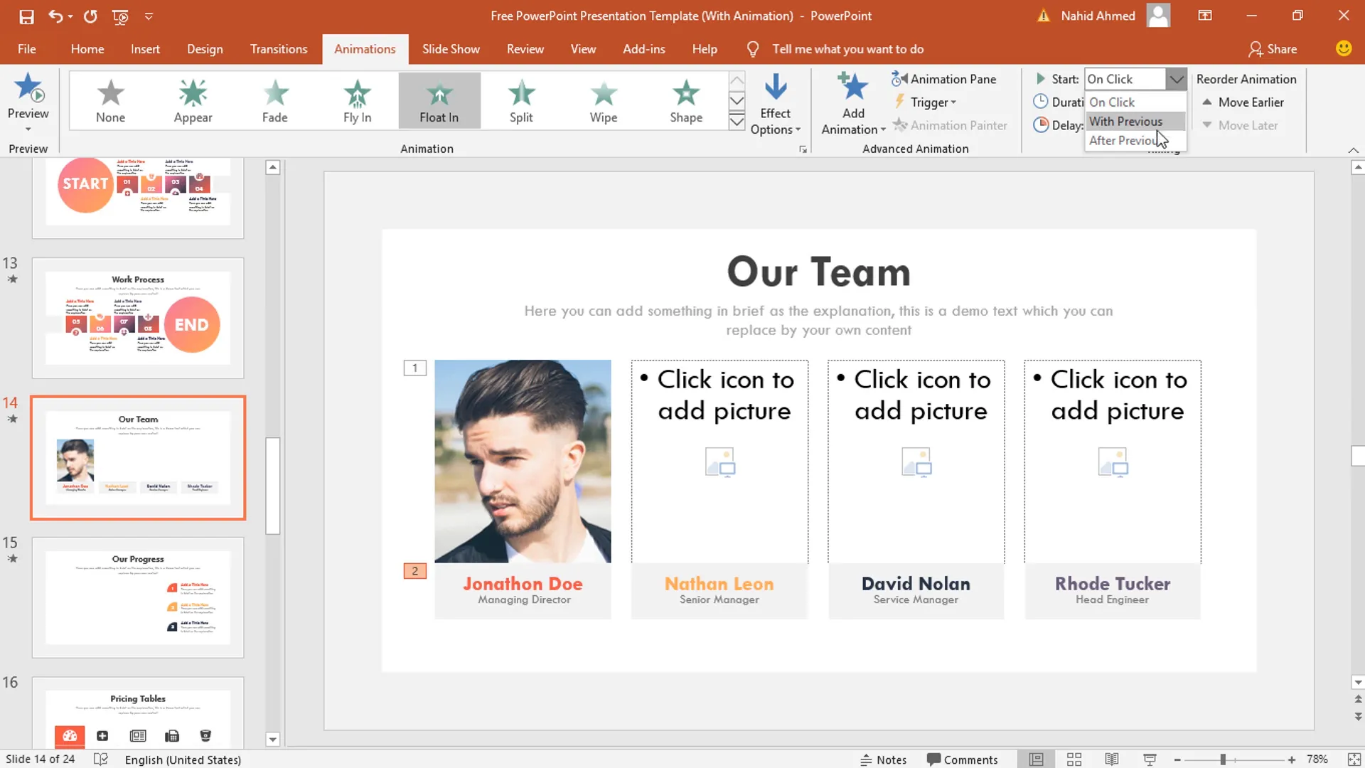 Applying float in animation to team slide image
