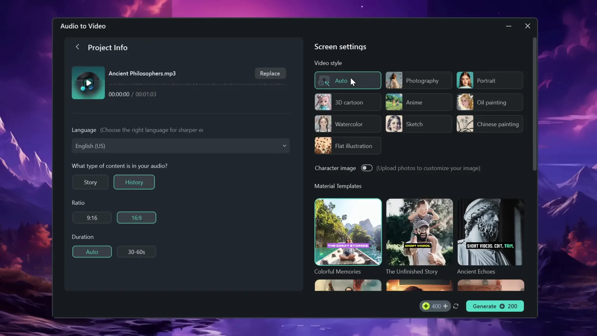 Filmora AI audio to video interface showing options