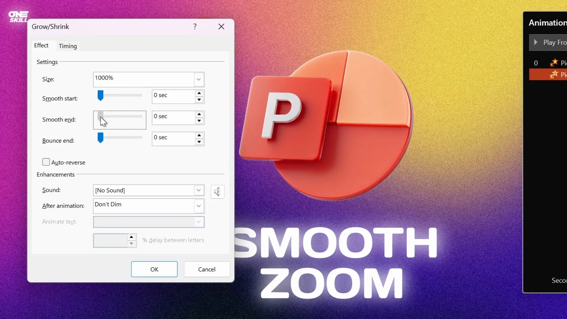 Grow/Shrink animation settings for growing to 1000% with smooth end