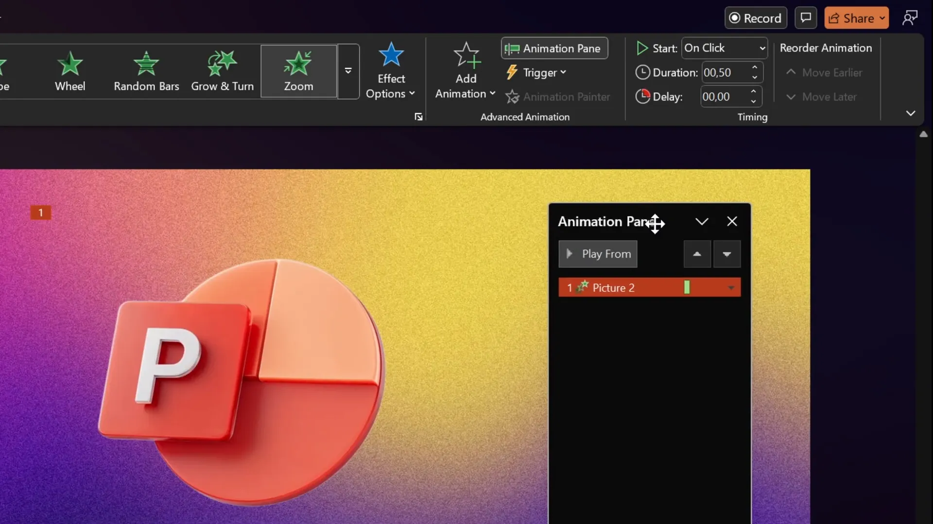 Animation pane showing default zoom animation